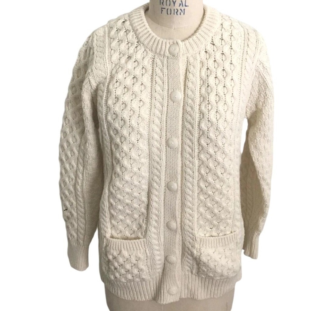 Aran Crafts Merino Wool Irish Fisherman Sweater Cardigan Women Small Cable Knit - Picture 8 of 9